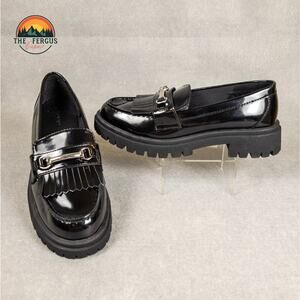 Old Navy Loafer Shoes Black Patent Faux Leather Lug Chunky Heel Women's Size 8.5